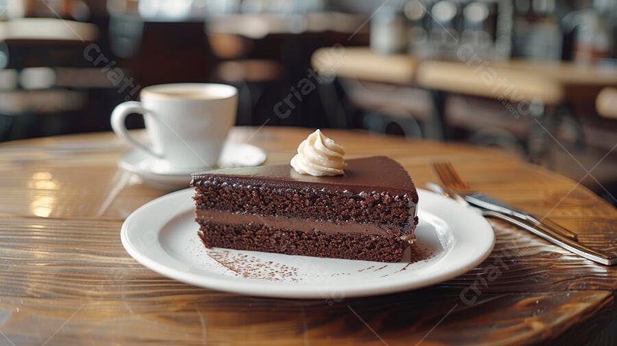 Fatia de bolo de chocolate cremoso com café em cafeteria aconchegante