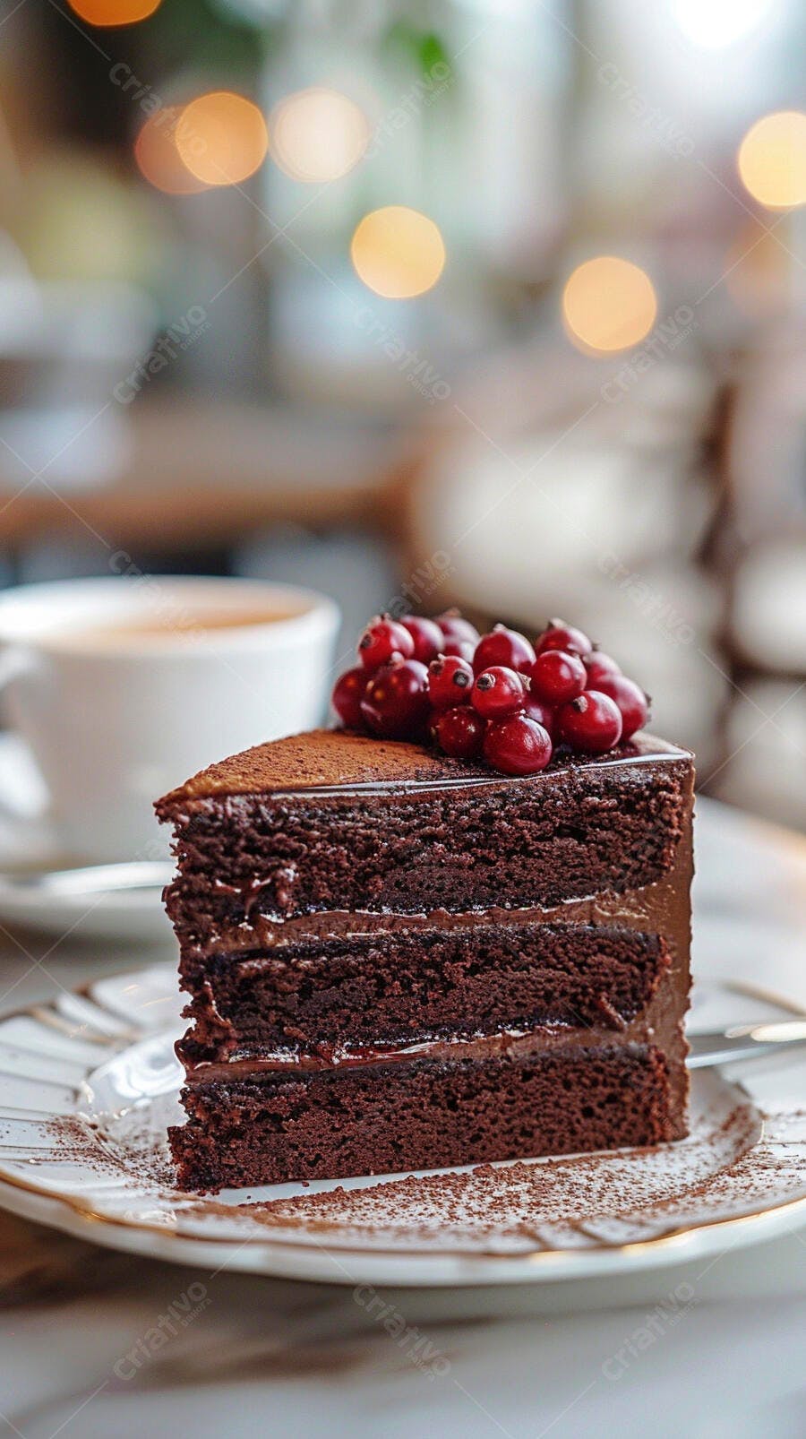 Fatia de bolo de chocolate com groselhas frescas em cafeteria aconchegante
