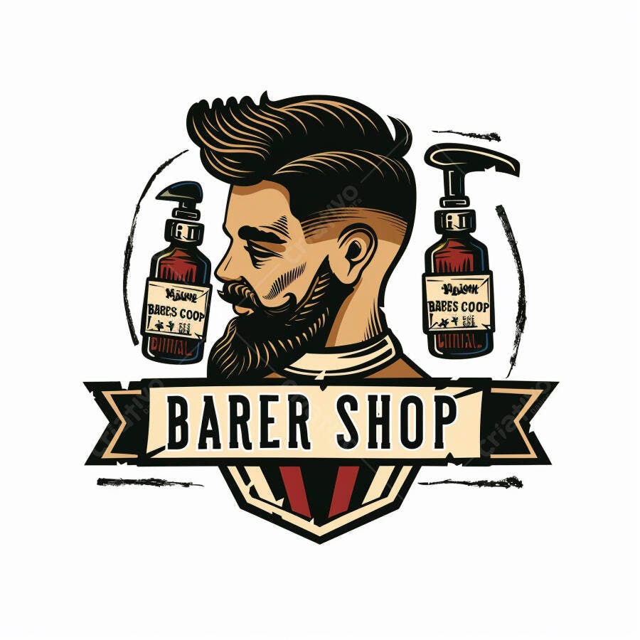 Ilustração barbeiro homem barbudo com produtos de beleza e logo vintage para barbearia