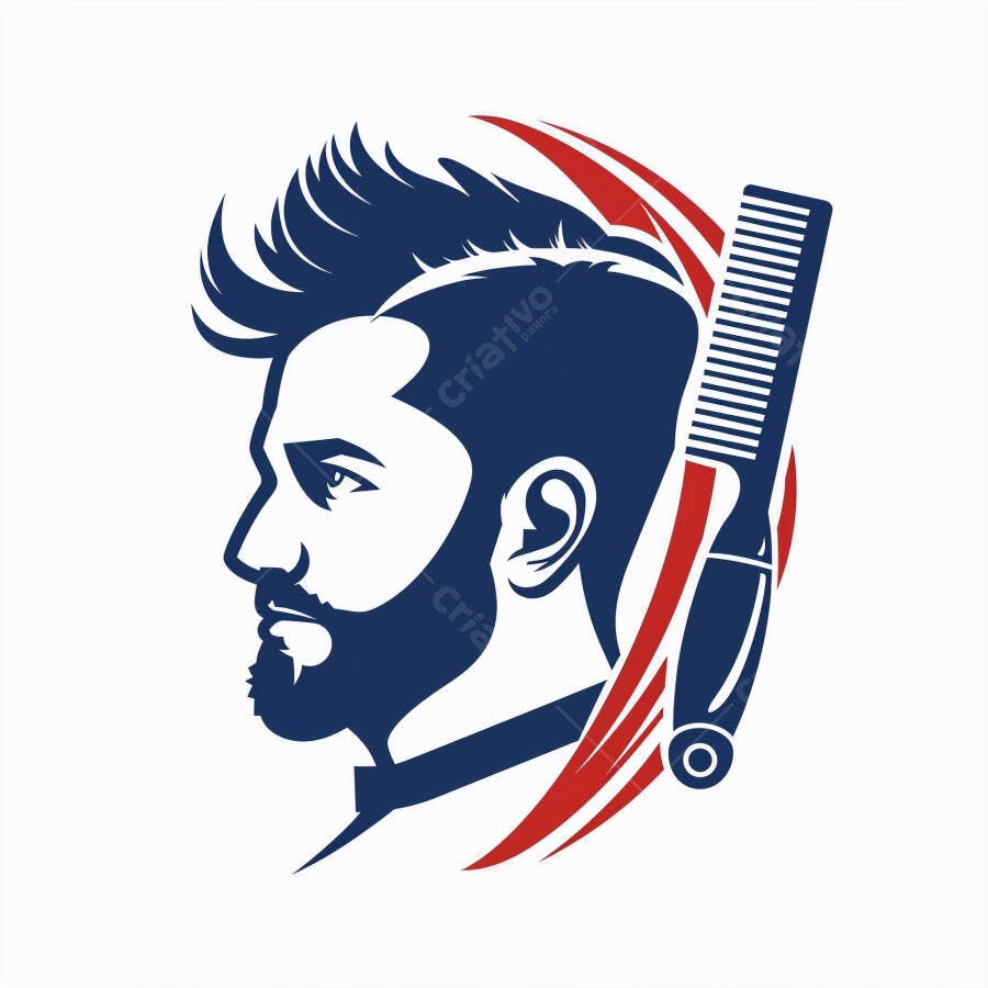 Logo barbeiro homem com barba e cabelo moderno azul e vermelho