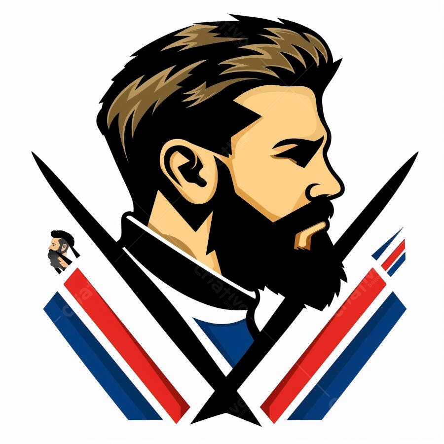 Homem barbudo perfil logo barbeiro com facas cruzadas e faixas vermelhas azuis