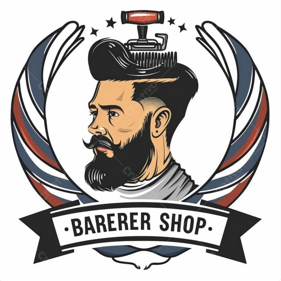Homem com pompadour e barba estilizados para logo de barbearia clássica