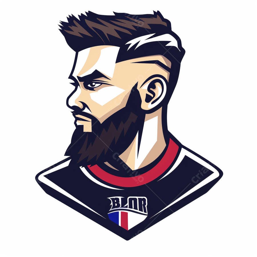 Homem barbudo ilustração estilo mascote e-Sports camisa preta e vermelha