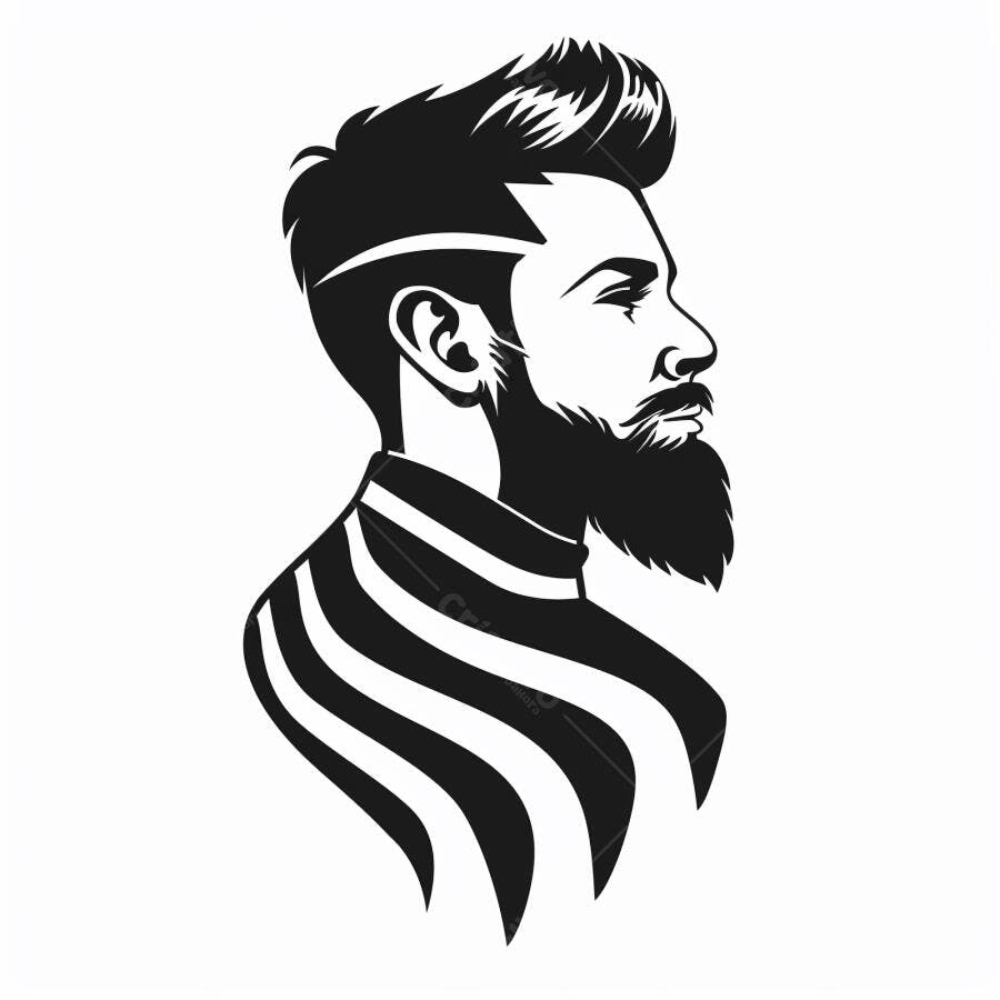 Homem barbudo perfil com cabelo estiloso e camisa listrada ilustração em preto e branco