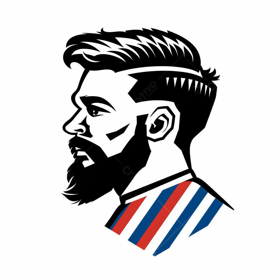 Homem barbudo com cabelo moderno e gola listrada azul e vermelha