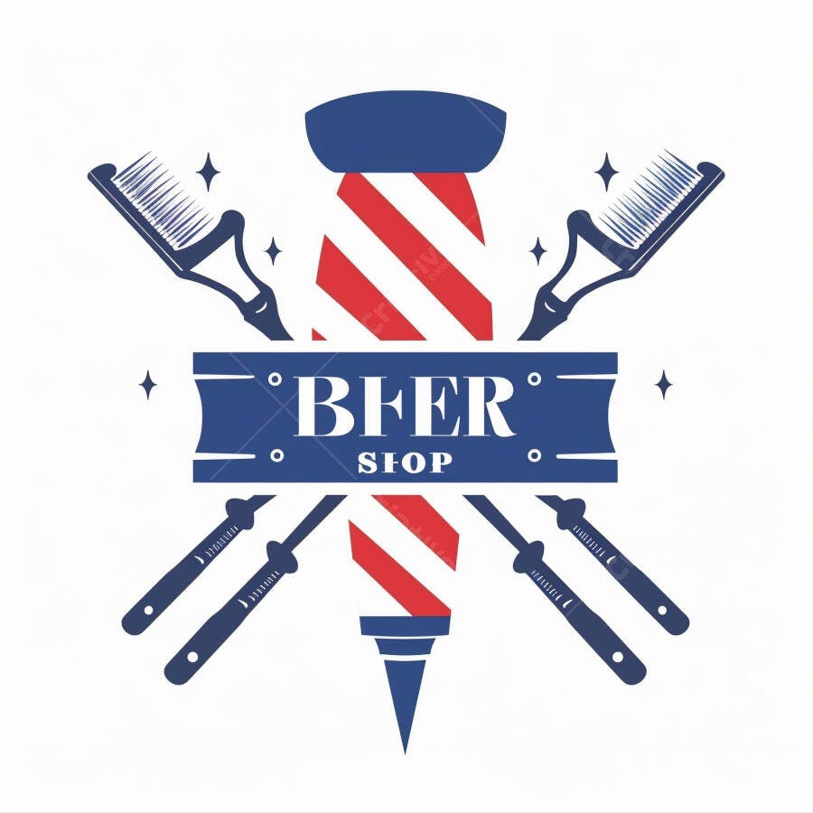 Logotipo de barbearia clássica com poste listrado vermelho, azul e ferramentas