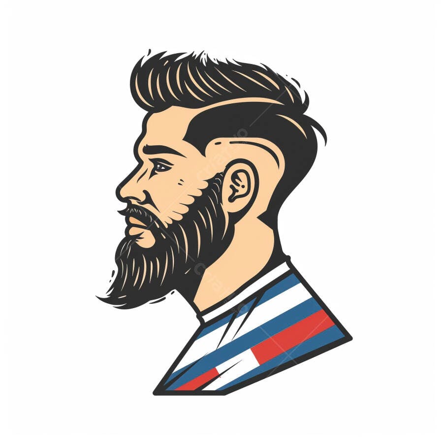 Homem barbudo com cabelo moderno e camisa listrada perfil