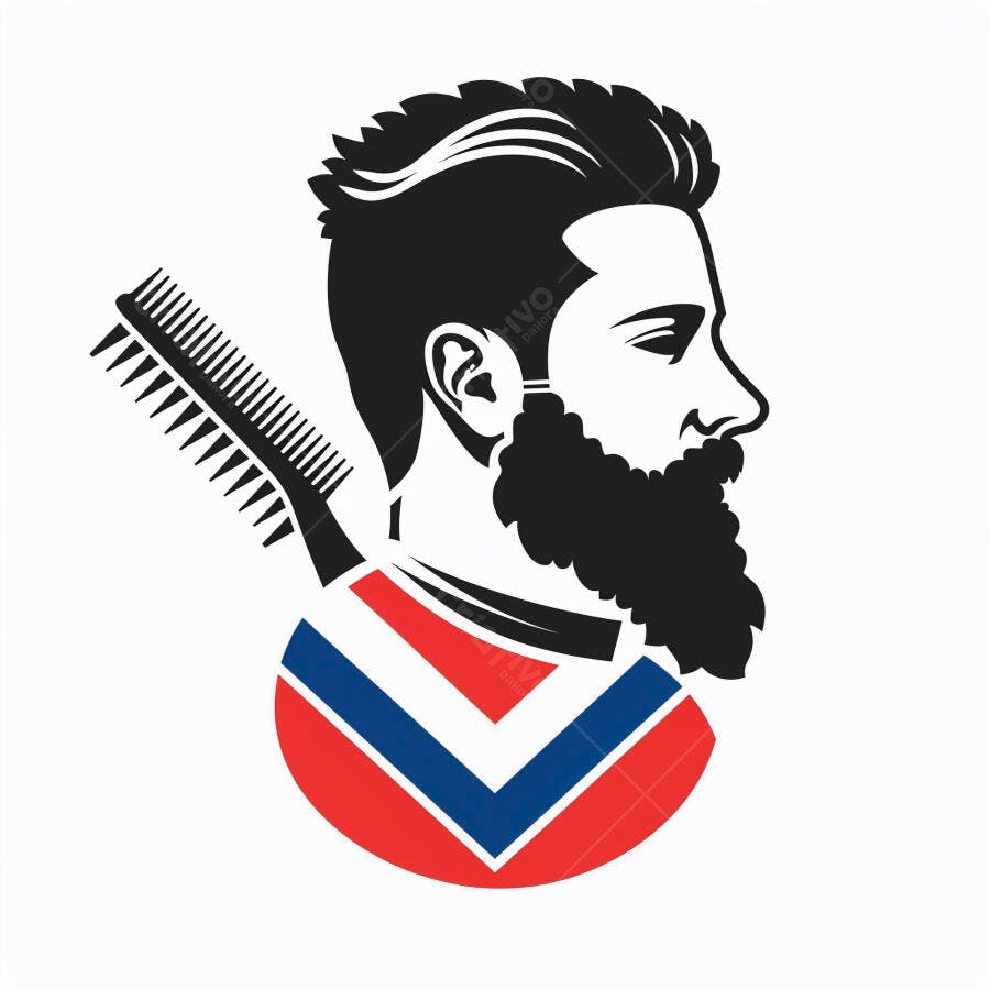 Barbeiro com barba pente e cabelo estiloso em ícone moderno vermelho azul branco