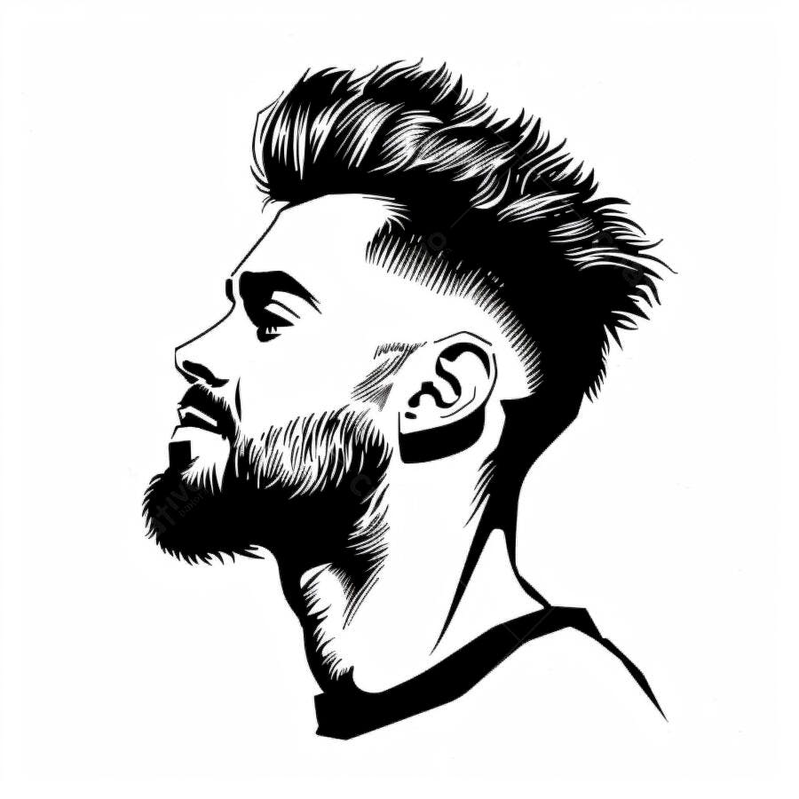 Homem jovem com barba perfil e cabelo undercut ilustração preto e branco