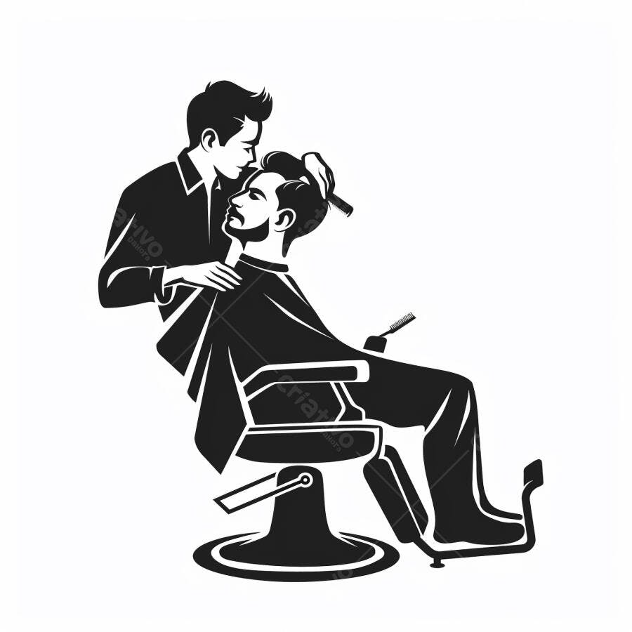 Homens barbeiro e cliente com barba cortando cabelo em cadeira ilustração