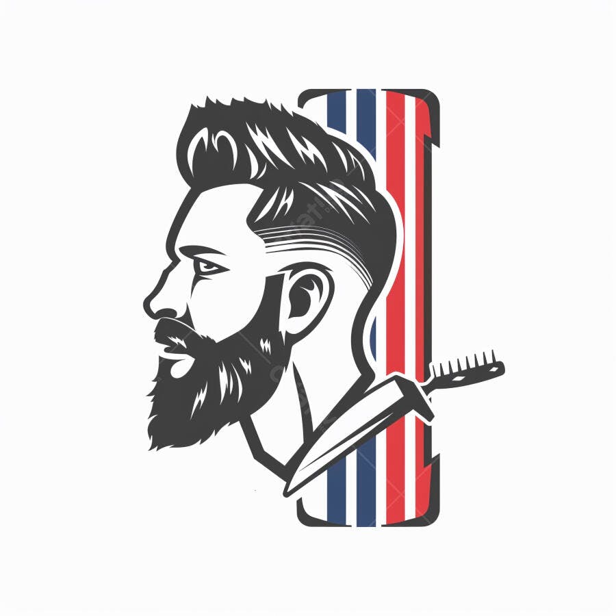 Homem barbudo perfil corte moderno navalha e pente logo barbearia com listras