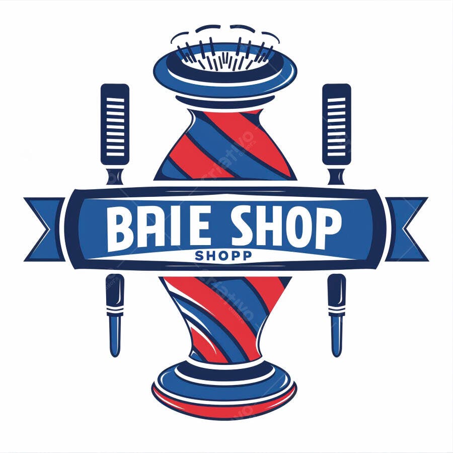 Logotipo barbearia clássica com poste listrado azul e vermelho e pentes