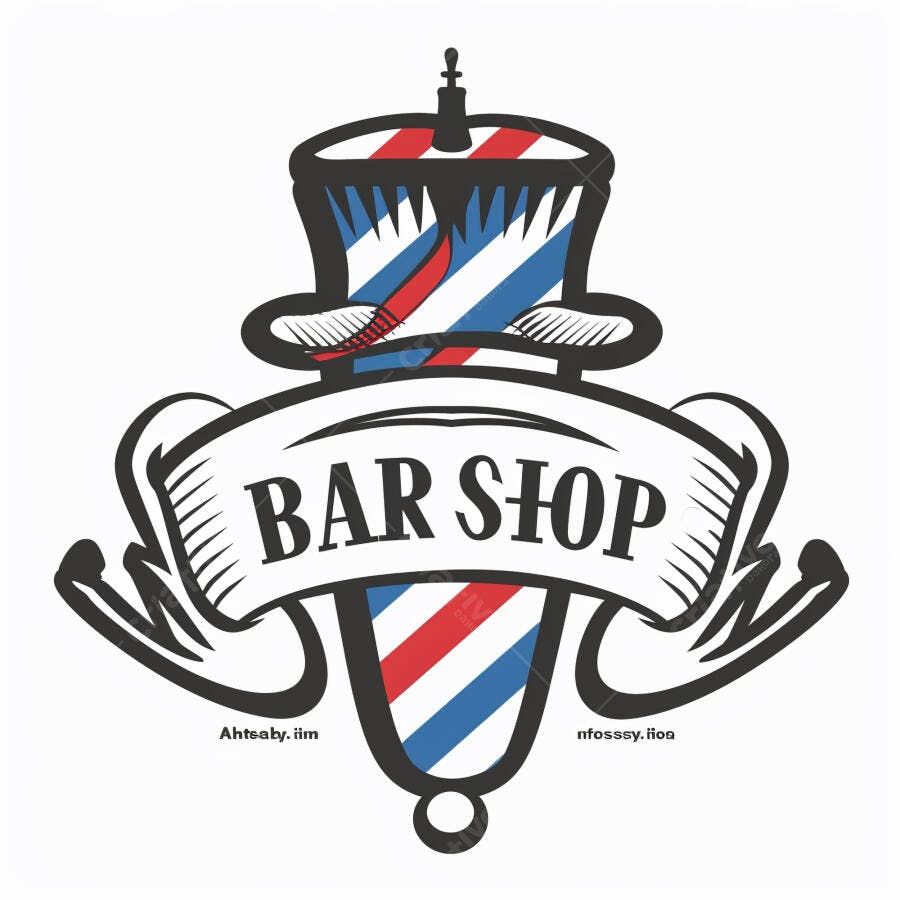 Logo clássico de barbershop com poste listrado vermelho azul branco e chapéu