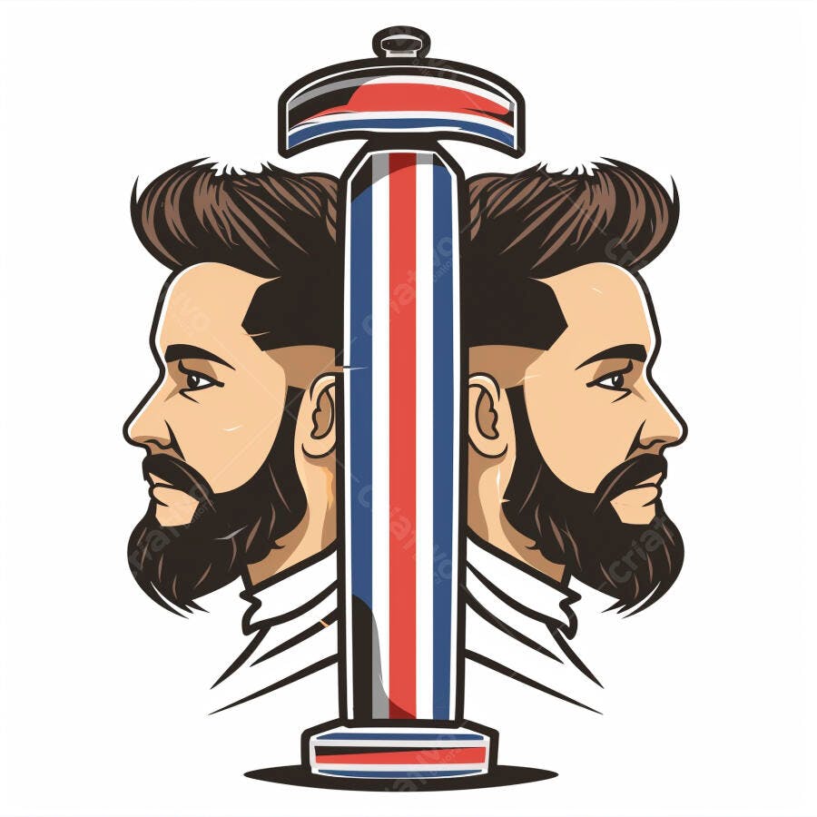 Logotipo barbearia dois homens barbudos com corte moderno e poste de barbeiro ilustração