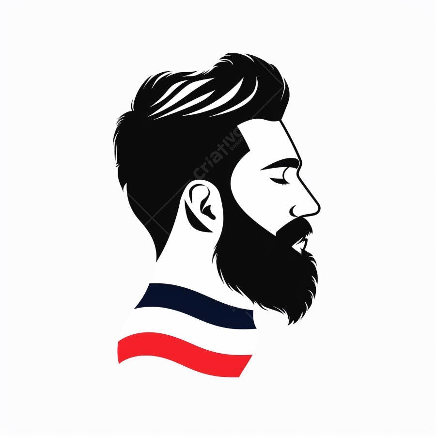 Perfil de homem barbudo com cabelo moderno e listras de barbearia em ilustração
