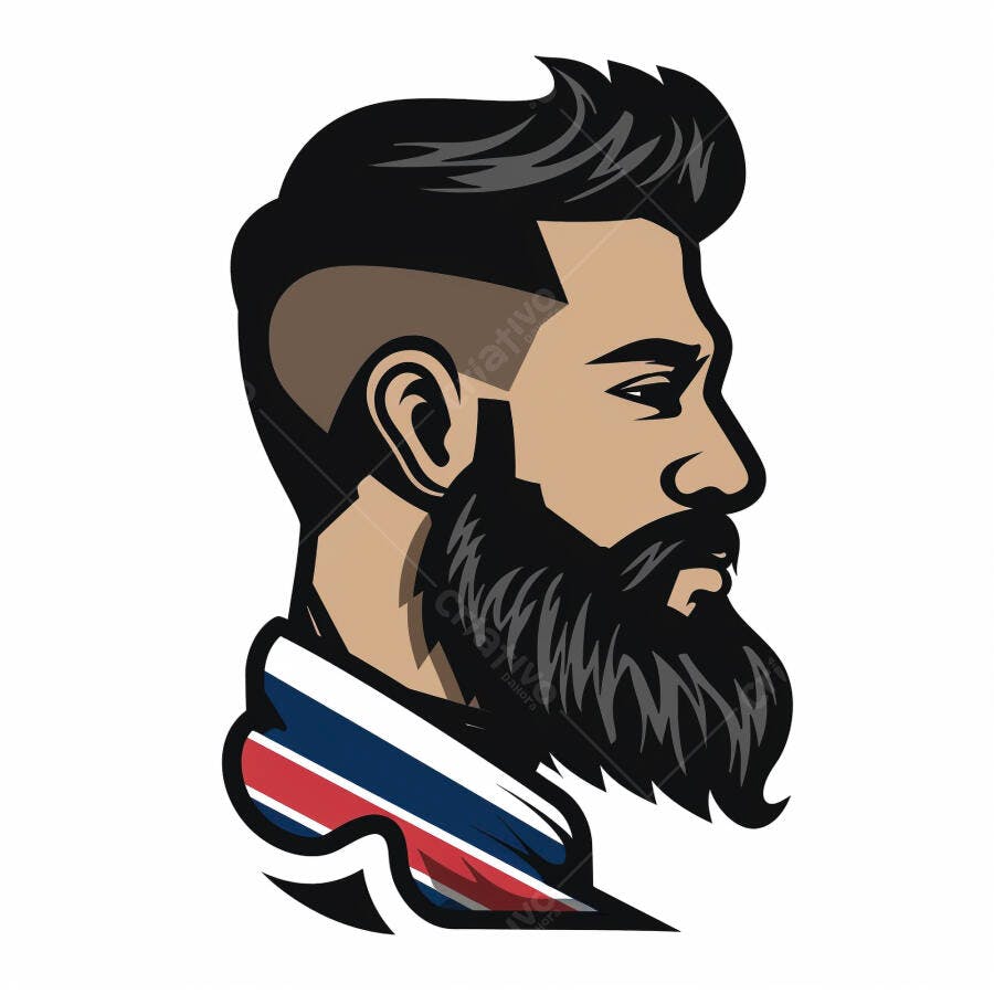 Barbeiro homem com barba preta e cabelo moderno em perfil gola listrada