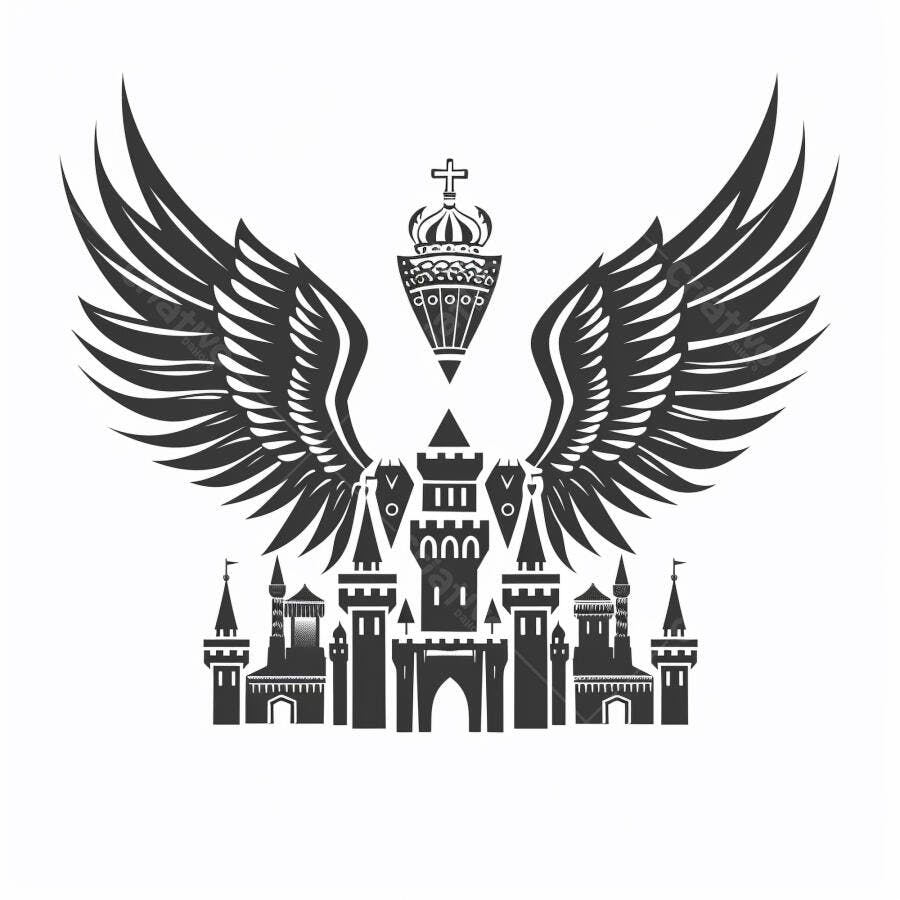 Castelo com asas e coroa real emblema monocromático