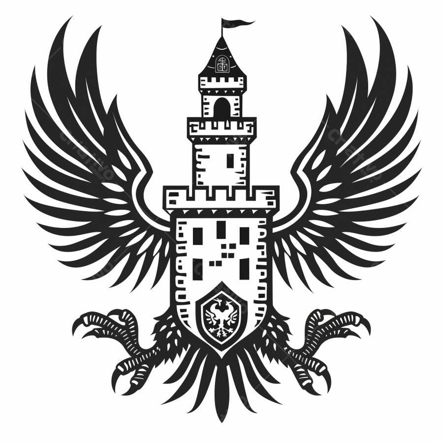 Castelo medieval com asas de águia e escudo heráldico preto e branco