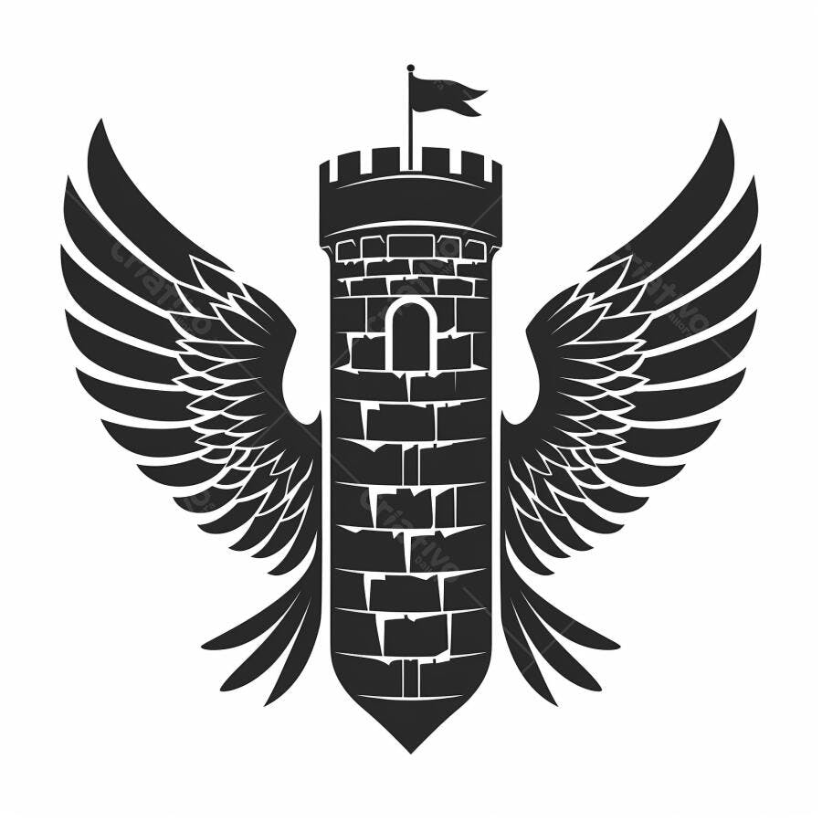 Torre de castelo alada preta e branca estilo heráldico