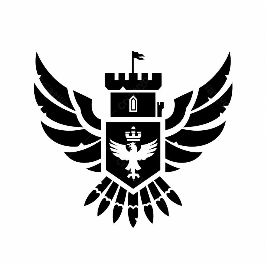 Águia heráldica com coroa e castelo em emblema preto e branco