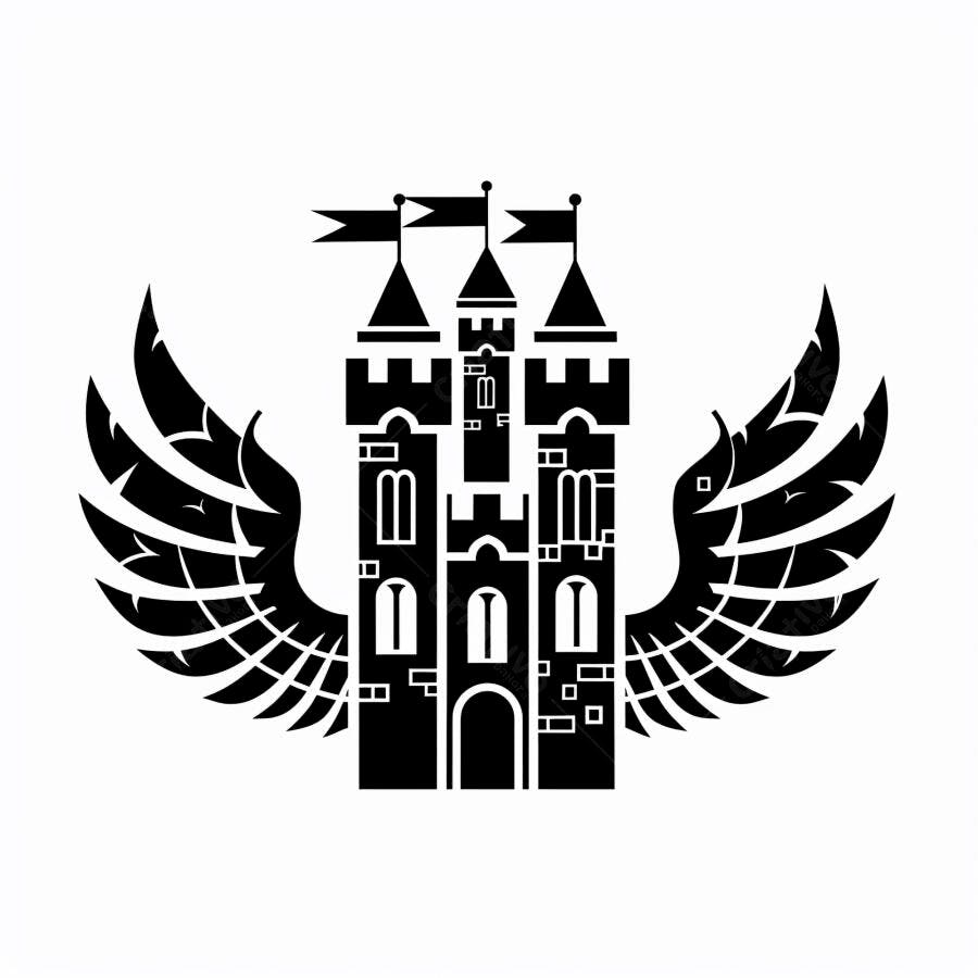 Castelo alado ilustração preta e branca estilo fantasia medieval ícone