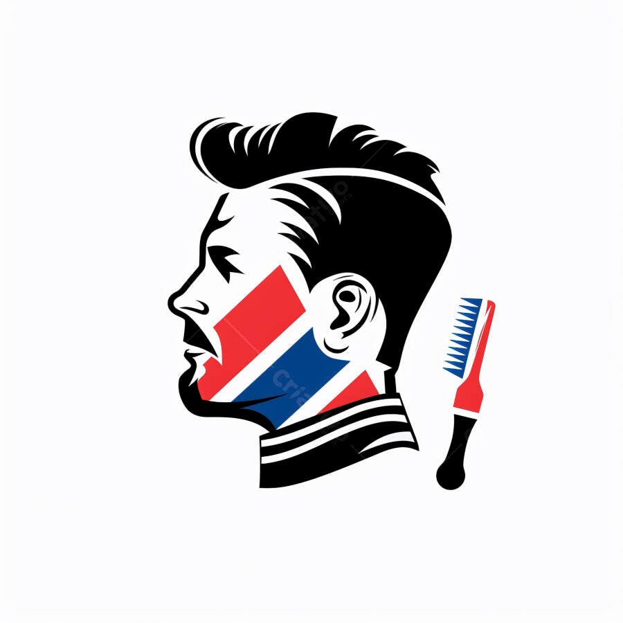 Logo de barbeiro homem perfil com bandeira britânica e pente