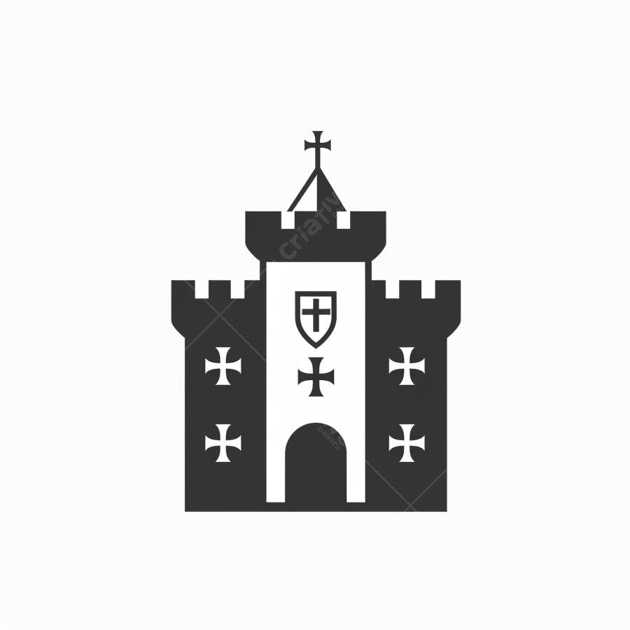 Castelo fortificado preto e branco com cruzes medievais e escudo