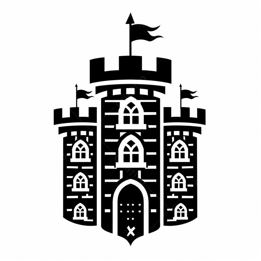 Ícone de castelo medieval com torres e bandeiras em preto e branco