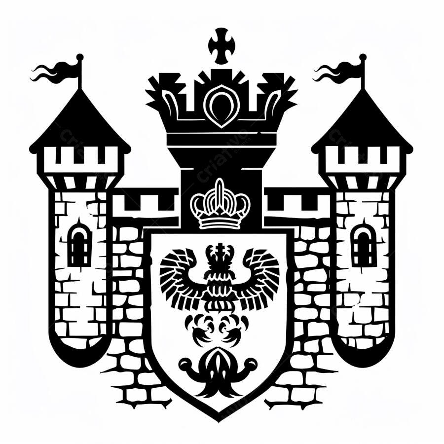 Brasão de armas medieval com coroa águia e torres castelo ilustração preto e branco