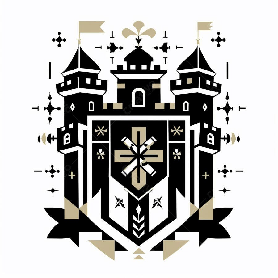 Castelo medieval estilizado com brasão heráldico preto dourado e branco