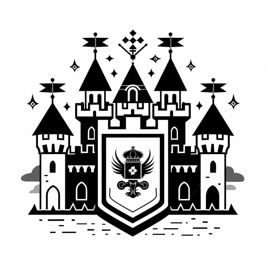 Castelo medieval ilustração monocromática com torres e brasão real