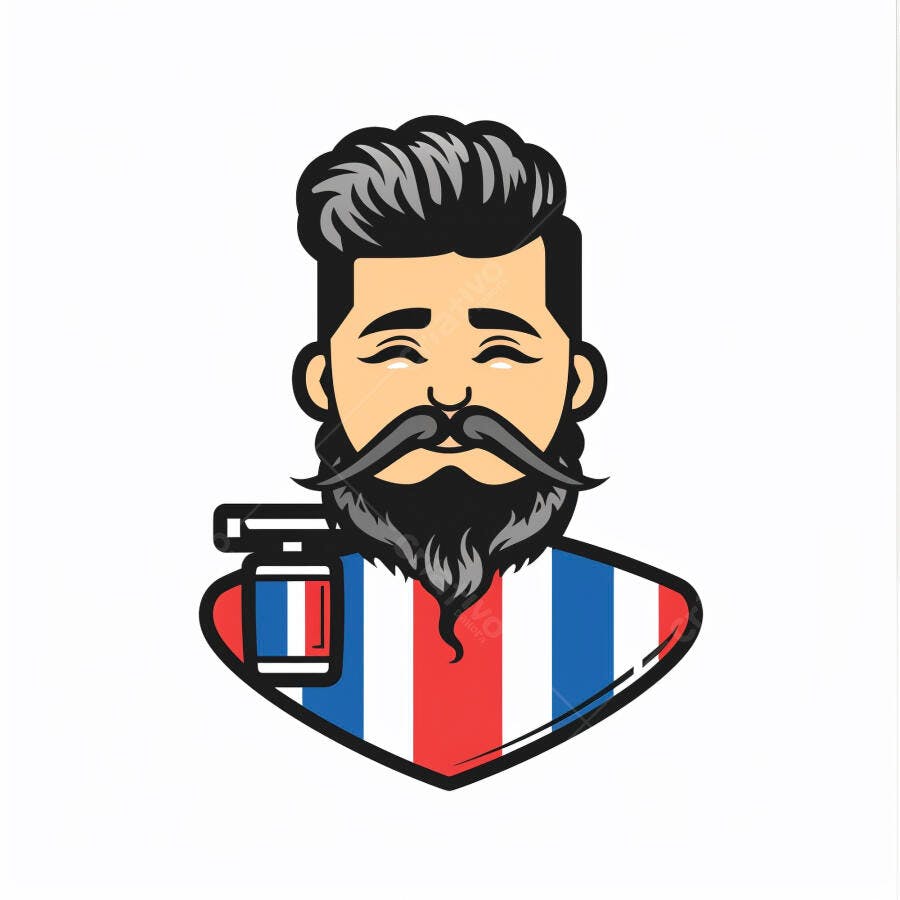 Mascote barbeiro com barba e cabelo preto em logotipo azul vermelho branco