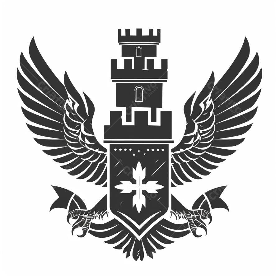 Emblema heráldico preto e branco castelo asas e escudo de proteção