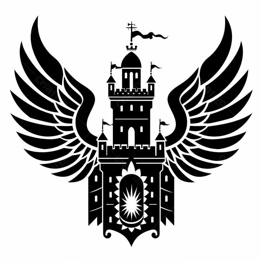 Castelo alado majestoso emblema heráldico preto