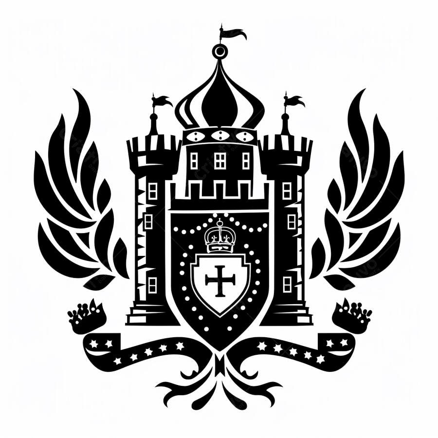 Emblema medieval com castelo coroa cruz asas e estrelas em preto e branco