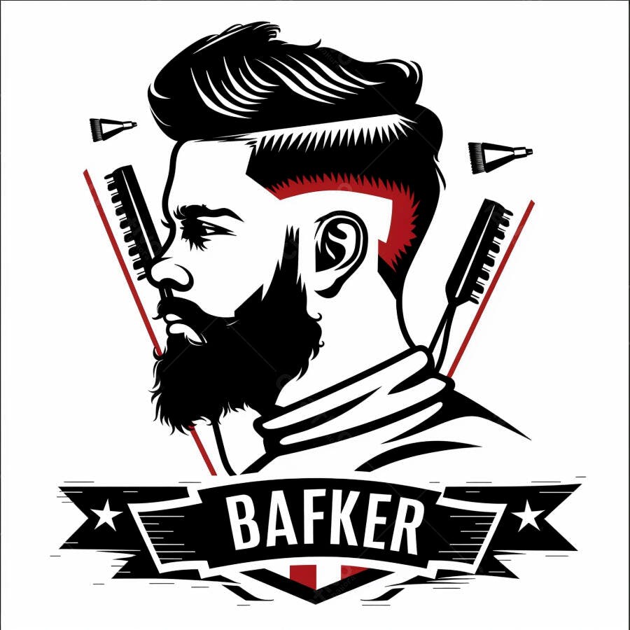 Homem barbudo com corte de cabelo moderno e ferramentas de barbeiro logo