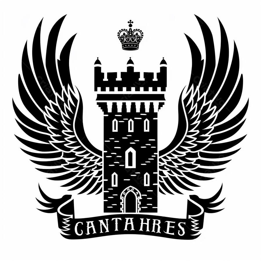 Torre de castelo alada com coroa e banner estilo brasão medieval preto e branco