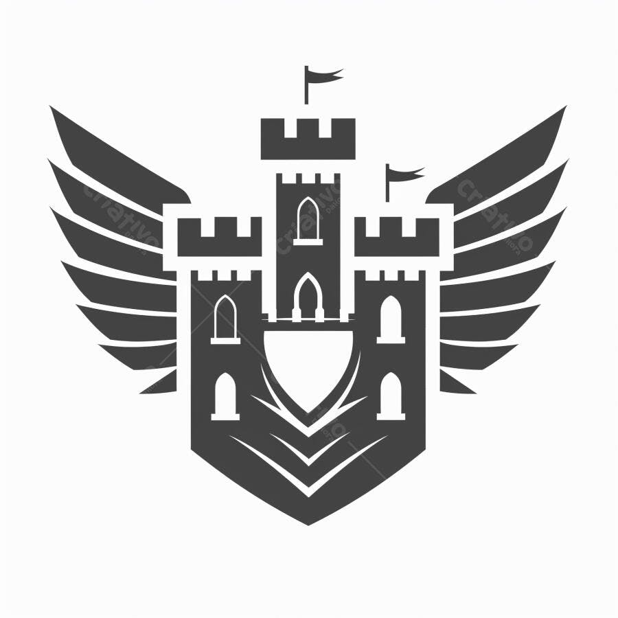 Castelo medieval com asas escudo e bandeiras ilustracao monocromatica simbolica