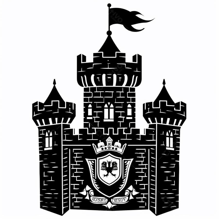 Castelo medieval ilustração vetorial em preto e branco com brasão e bandeira