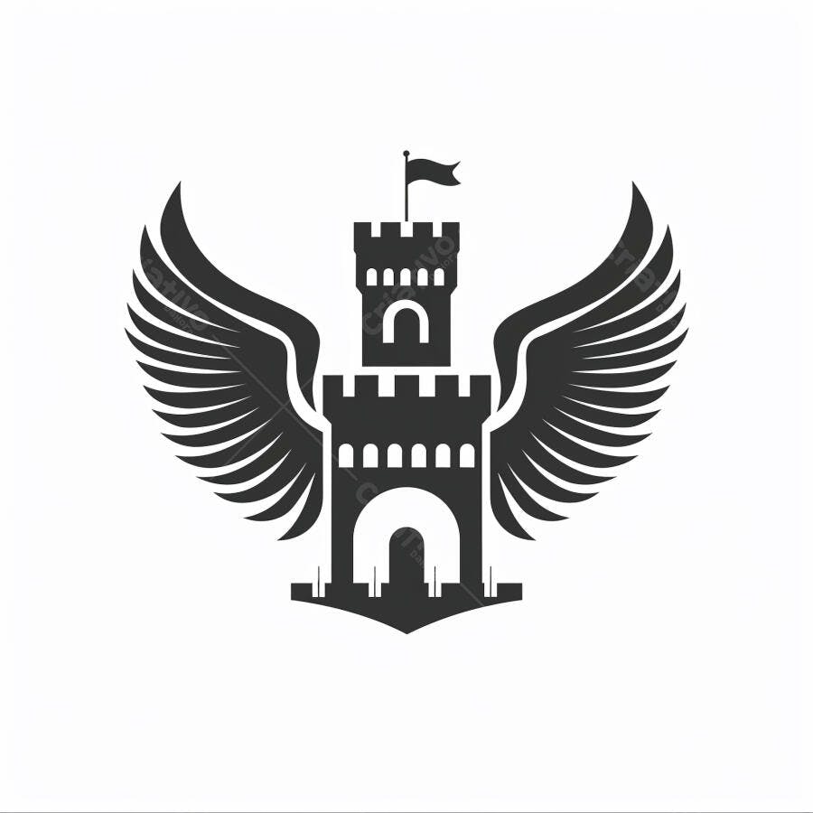 Castelo com asas logotipo preto e branco de fortaleza medieval