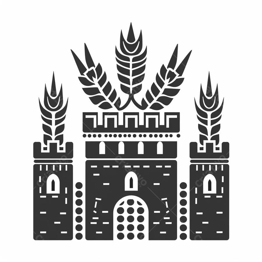 Símbolo de Castelo Fortaleza e Trigo ilustração monocromática