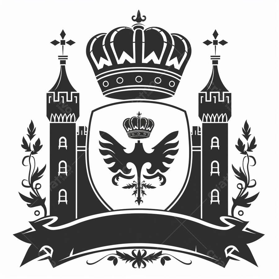 Brasão real medieval preto e branco com coroa águia e torres