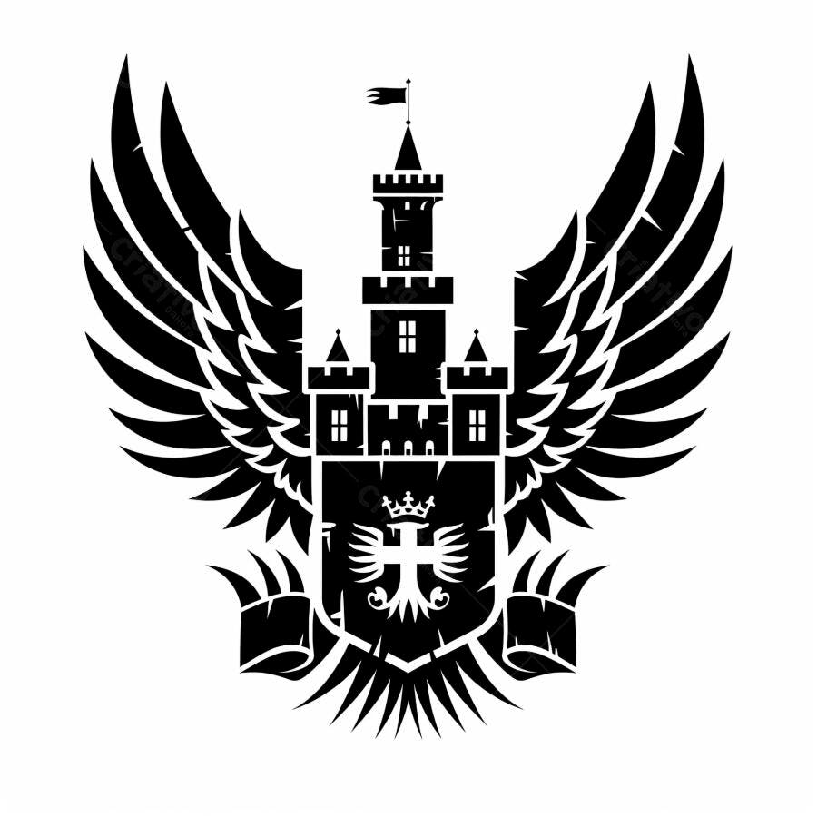 Castelo alado brasão medieval emblema gráfico preto e branco