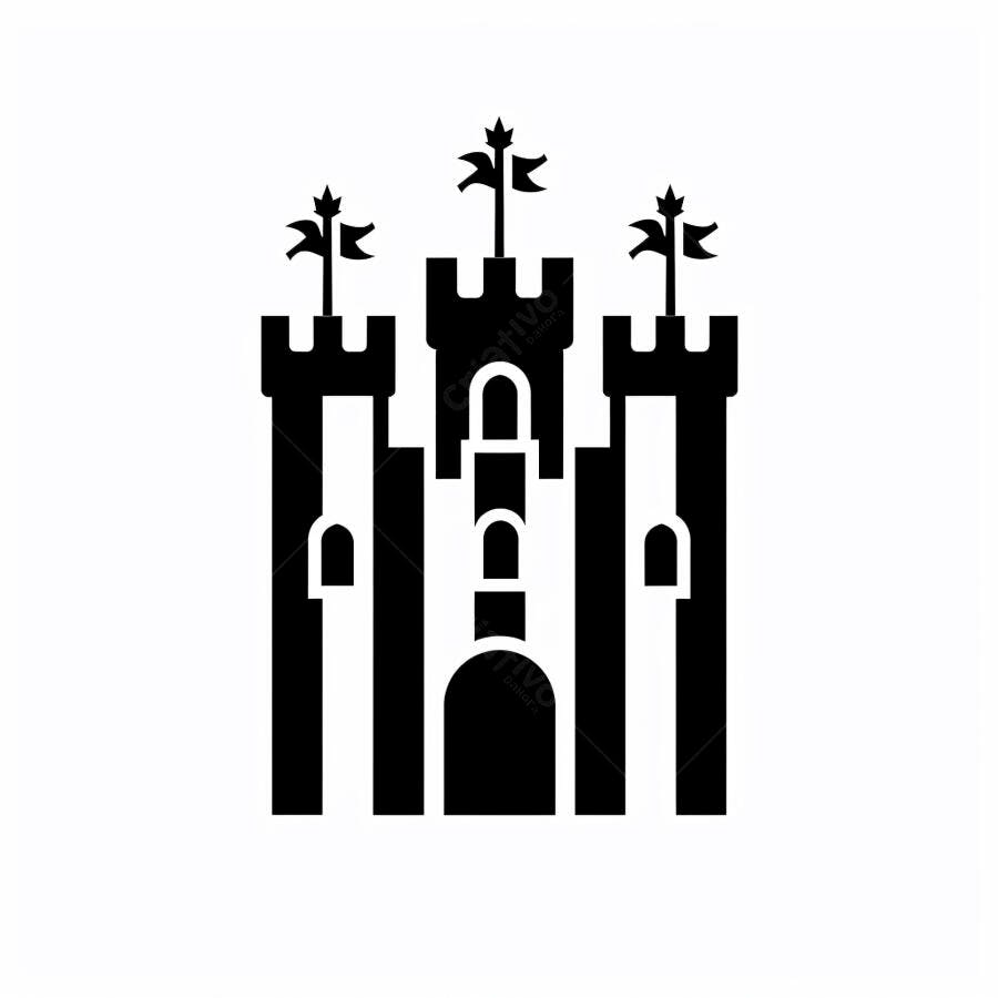 Ícone de castelo medieval com torres e bandeiras silhueta preta