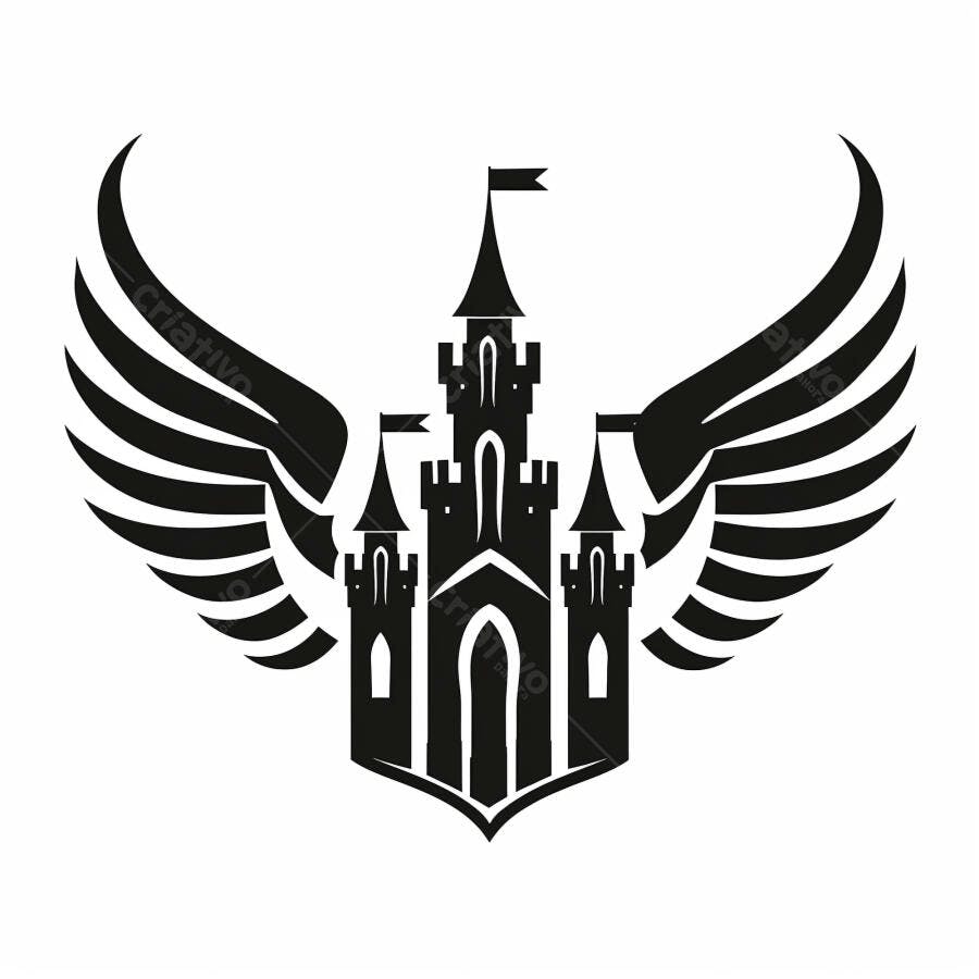 Castelo medieval alado emblema preto e branco ilustração