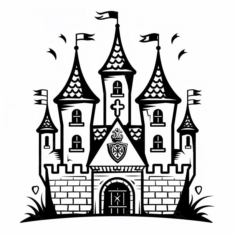 Castelo medieval de conto de fadas ilustração em preto e branco