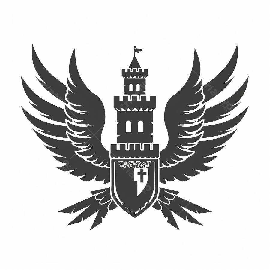Emblema castelo torre alada com escudo cruz preto e branco fantasia
