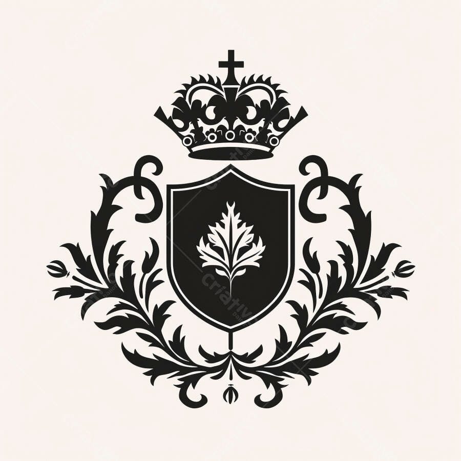 Emblema heráldico preto e branco com coroa brasão e folhagem barroca
