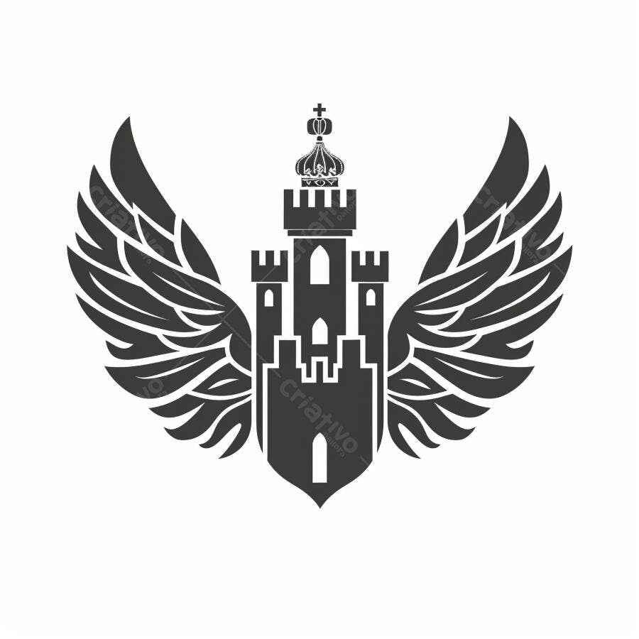 Emblema de castelo com asas e coroa design vetorial monocromático