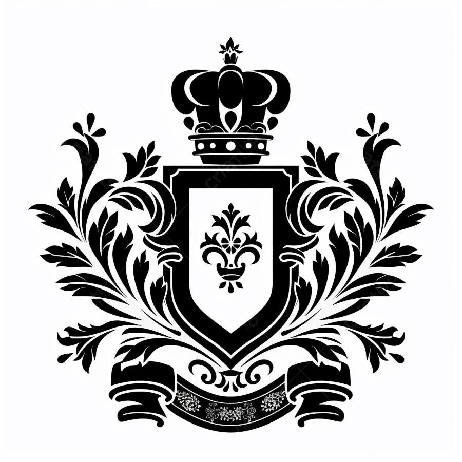 Brasão real com coroa e flor de lis estilo clássico preto e branco